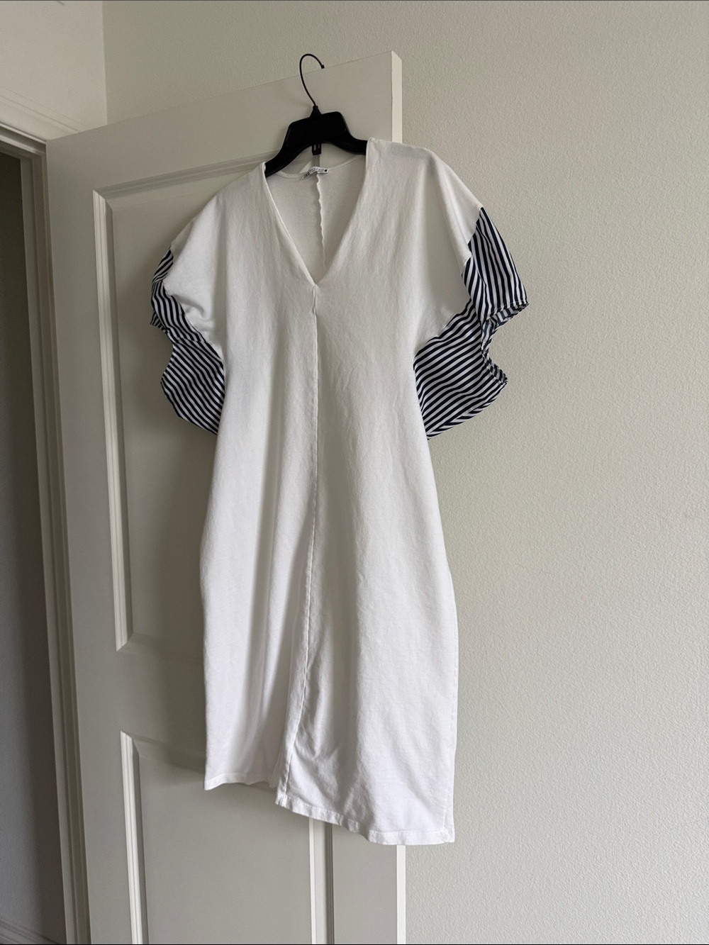 Zara White Midi Dress with Navy Striped Ruffle Sleeves